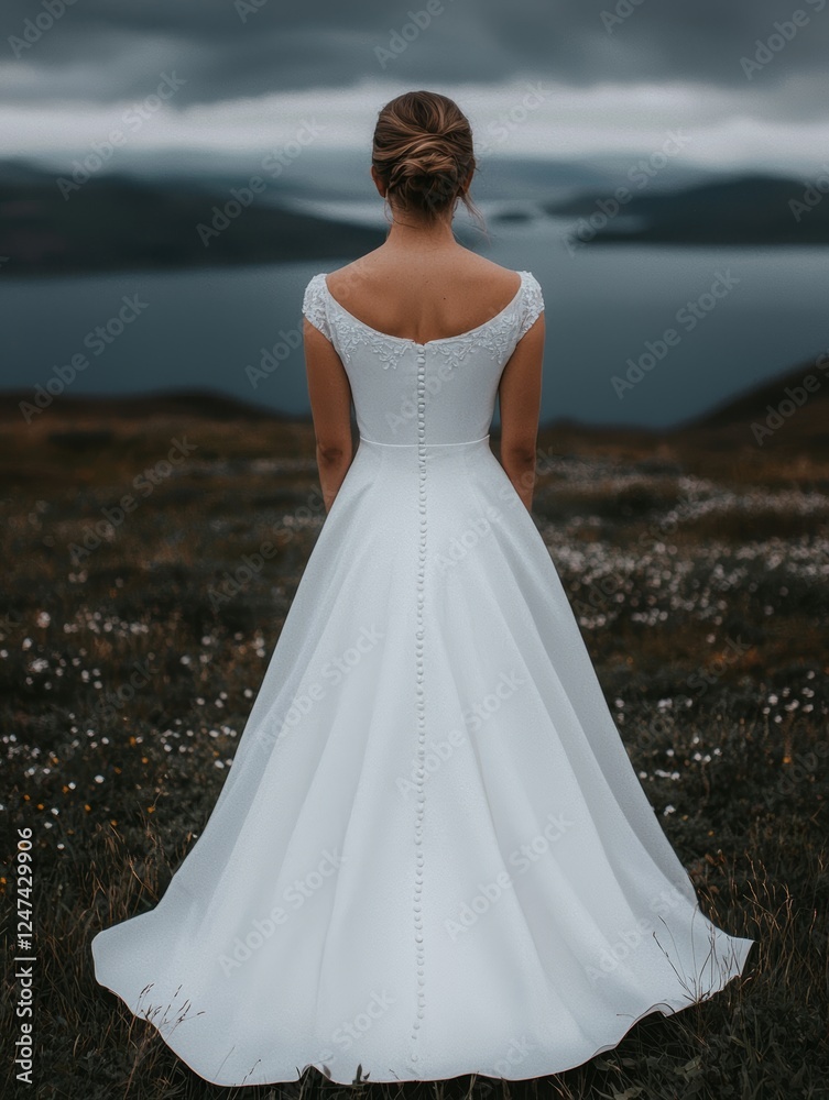 Serene Prewedding Scene by a Calm Lake with a Bride in Elegant White Dress Serene Prewedding Scene by a Calm Lake with a Bride in Elegant White Dress