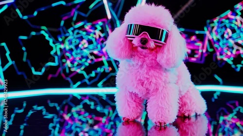 A fluffy white dog showcases its stylish sunglasses while standing confidently in a lively setting filled with bright neon lights and geometric patterns, creating a fun party atmosphere.