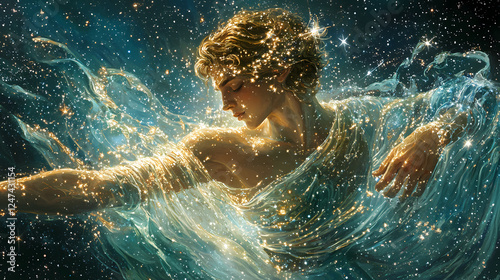 Design a beautiful depiction of the aquarius constellation, emphasizing the water-bearer with twinkling stars in a celestial background. Celestial Mythology. Illustration photo