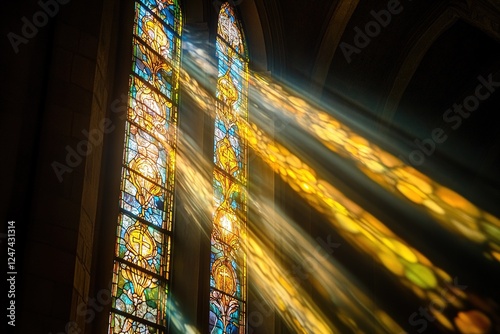 close-up colorful stained glass window in a Catholic church with sun rays passing