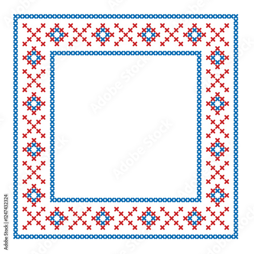 Folk Embroidery Pattern, Red and Blue, Traditional Decor with Copy Space cross stitch pattern