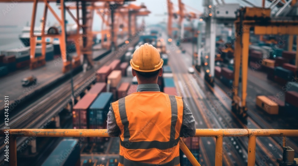 Industrial Worker Overseeing Cargo Operations at Shipping Yard