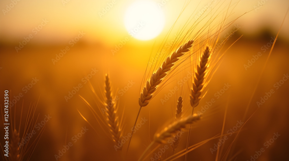 Golden Wheat Field at Sunset: Close-Up of Ripe Grain Ears in Warm Sunlight, Agriculture, Harvest, Nature Photography