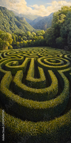 Intricate Labyrinthine Hedge Maze Design: Scenic Aerial View of Vibrant Greenery and Curves in Nature’s Landscape, Agriculture Growth, and Tranquil Outdoor Exploration with Artistic Patterns and