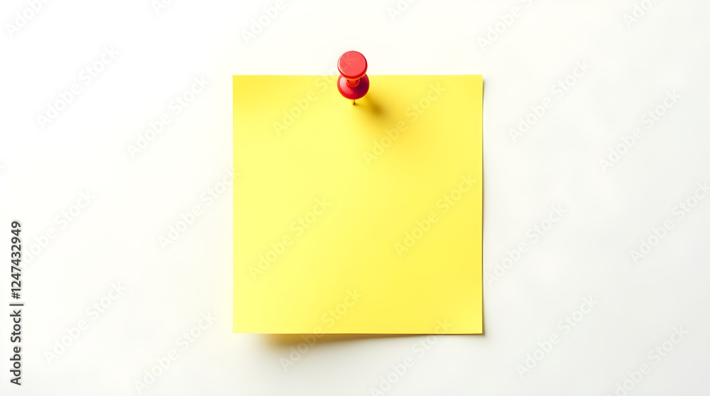 Yellow Sticky Note Pinned to White Wall. Blank Reminder Note with Red Push Pin. Office Supply, Stationery, Memo, and Organization Concept. Yellow Sticky Note Pinned to White Wall. Blank Reminder Note with Red Push Pin. Office Supply, Stationery, Memo, and Organization Concept.