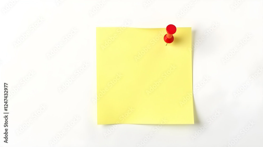 Yellow Sticky Note Pinned to White Wall. Reminder Note with Red Push Pin. Office Supply, Memo, Message, Blank Template. Stock Photo. Yellow Sticky Note Pinned to White Wall. Reminder Note with Red Push Pin. Office Supply, Memo, Message, Blank Template. Stock Photo.