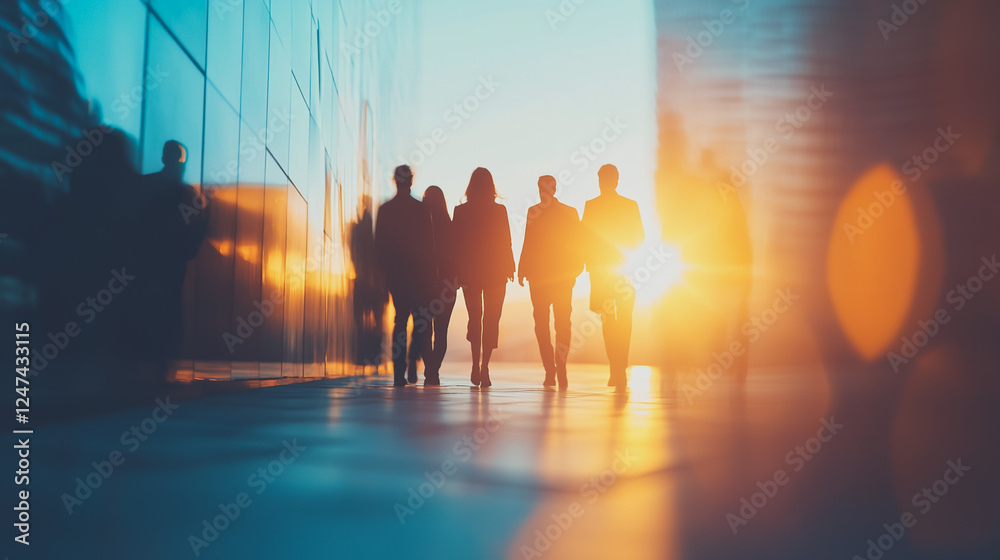 Fototapeta premium Group of business people silhouettes in modern office building and business network concept. Human resources with pastel innovation charts and graphs with statistics to analyze business 
