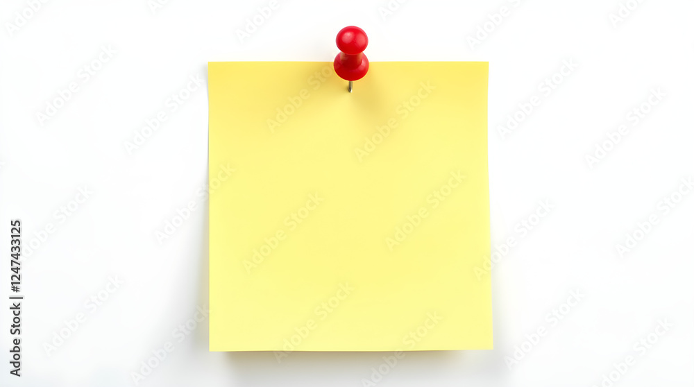 Yellow Sticky Note Pinned to White Wall: Close-Up of Blank Square Memo Pad with Red Pushpin, Office Reminder, To-Do List, Message Board, Simple Design Yellow Sticky Note Pinned to White Wall: Close-Up of Blank Square Memo Pad with Red Pushpin, Office Reminder, To-Do List, Message Board, Simple Design