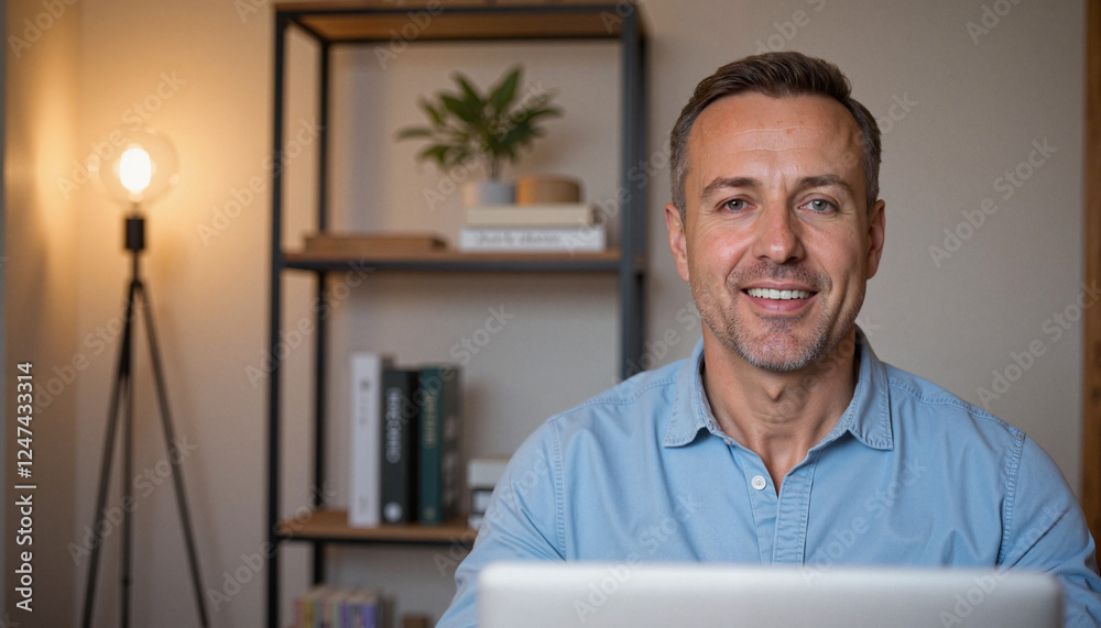 Fototapeta premium Smiling man on video call in modern home office, professional connection