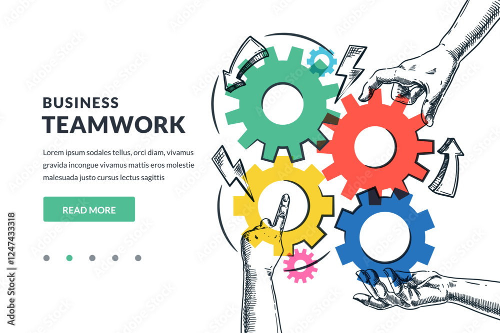 Hands connecting mechanism gears. Vector hand drawn sketch illustration. Teamwork solutions, collaboration concept