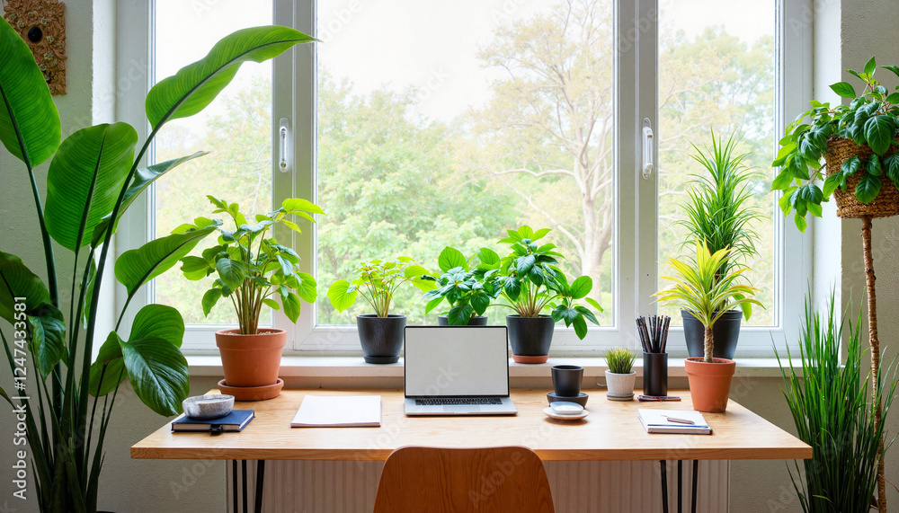 Fototapeta premium Vibrant home office workspace with plants and natural light, productivity boost