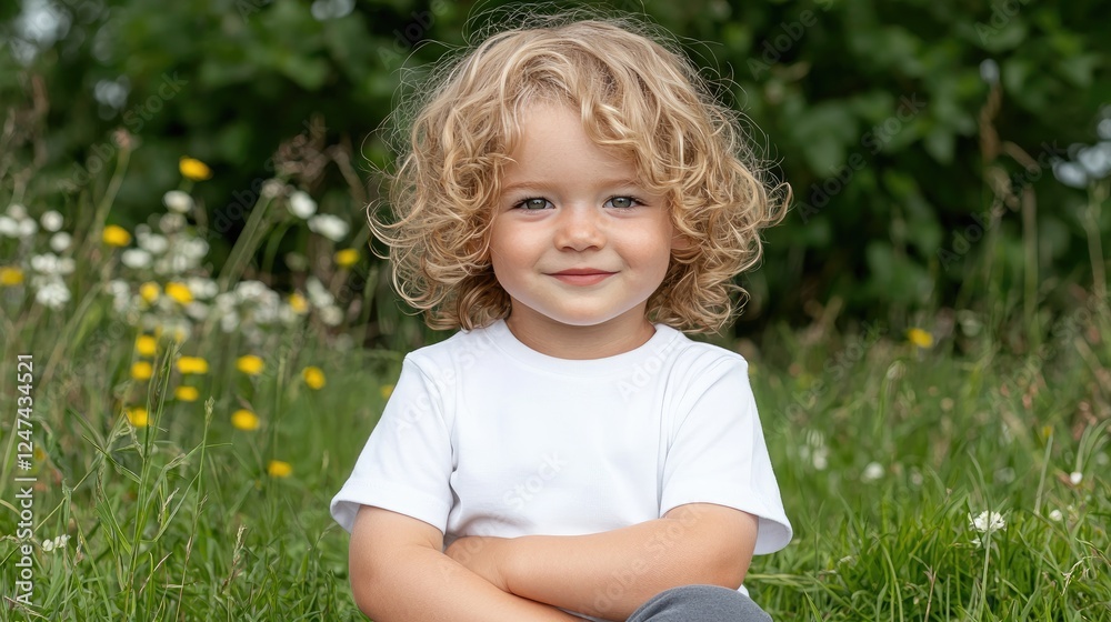 Happy toddler in park, flowers background, summer portrait Happy toddler in park, flowers background, summer portrait