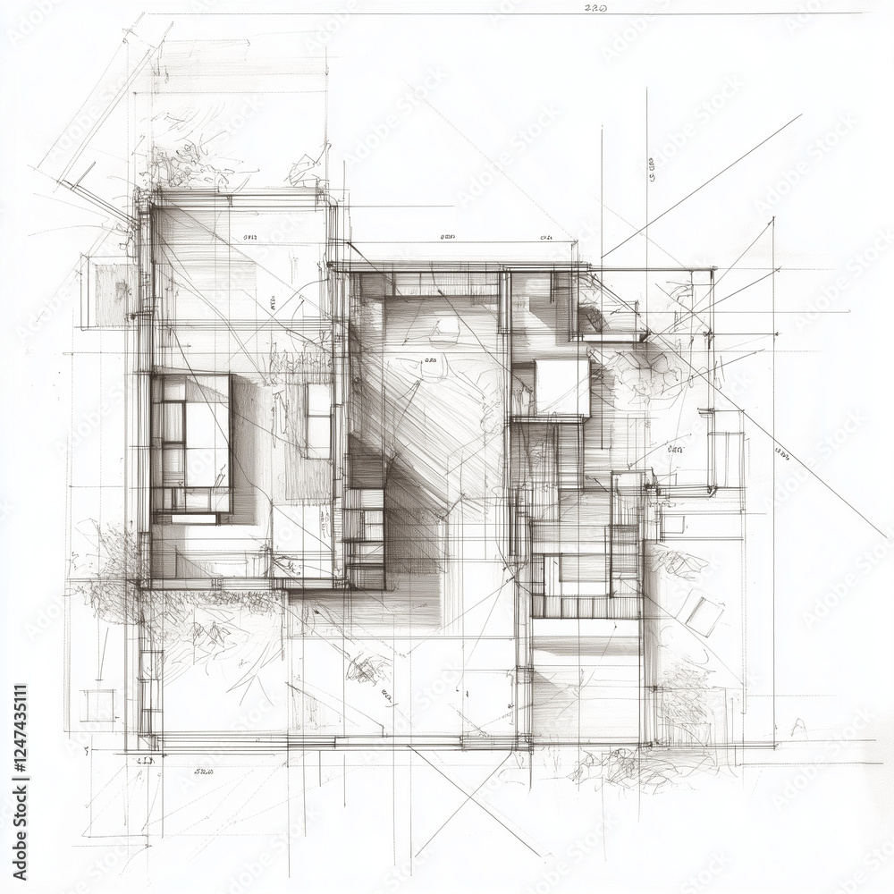 Obraz premium CAD technical architecture interior design sketch drawing of a house