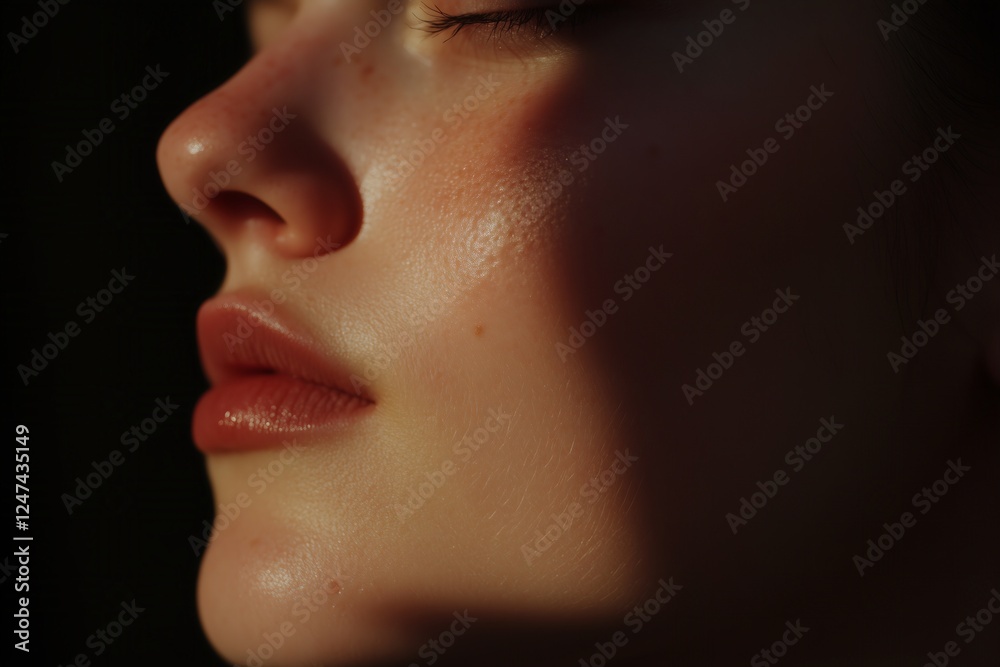 Close-Up of Lips & Jawline in Soft Light Natural beauty Skin texture focus Warm minimalism style Close-Up of Lips & Jawline in Soft Light Natural beauty Skin texture focus Warm minimalism style