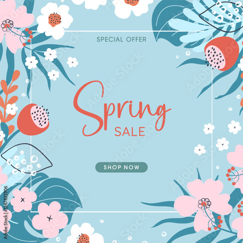 Spring sale banner. Naive art style seasonal background with tropical flowers. Discount special offer for online shopping. Flat design hand drawn vector illustration.
