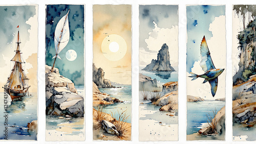 Coastal Scenery with Birds Watercolor for Book Covers, Wall Art, Travel Blogs, Scrapbooking, DIY Projects and Graphic Design