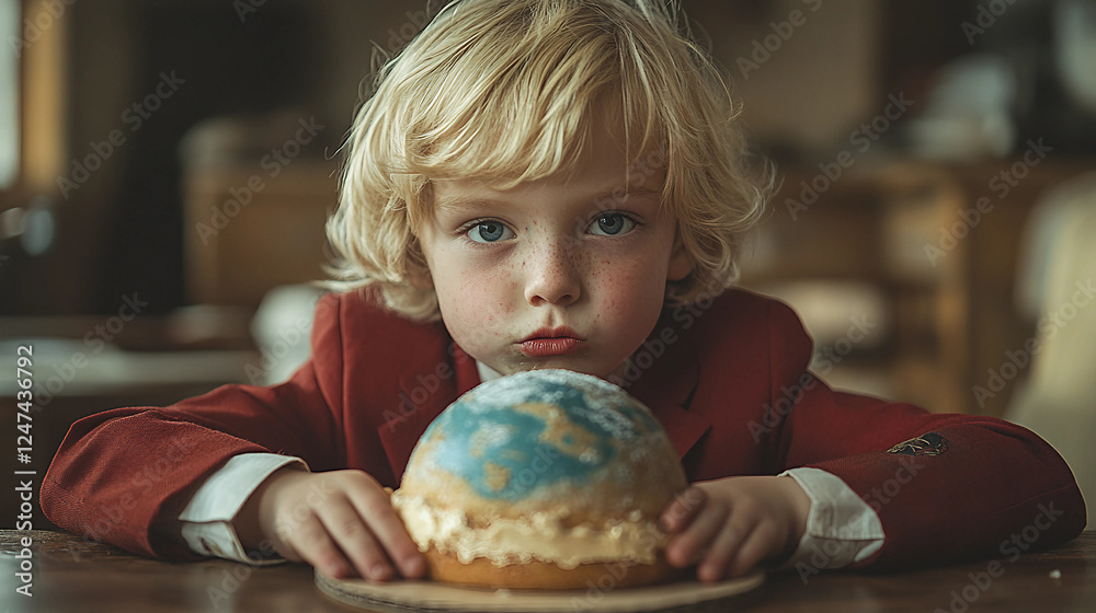 Portrait of a malicious blonde American kid looking in front of the camera, wearing a Red suit sitting at a table with a cake that looks like the earth. Devouring the cake with his hands.The colors ar Portrait of a malicious blonde American kid looking in front of the camera, wearing a Red suit sitting at a table with a cake that looks like the earth. Devouring the cake with his hands.The colors ar