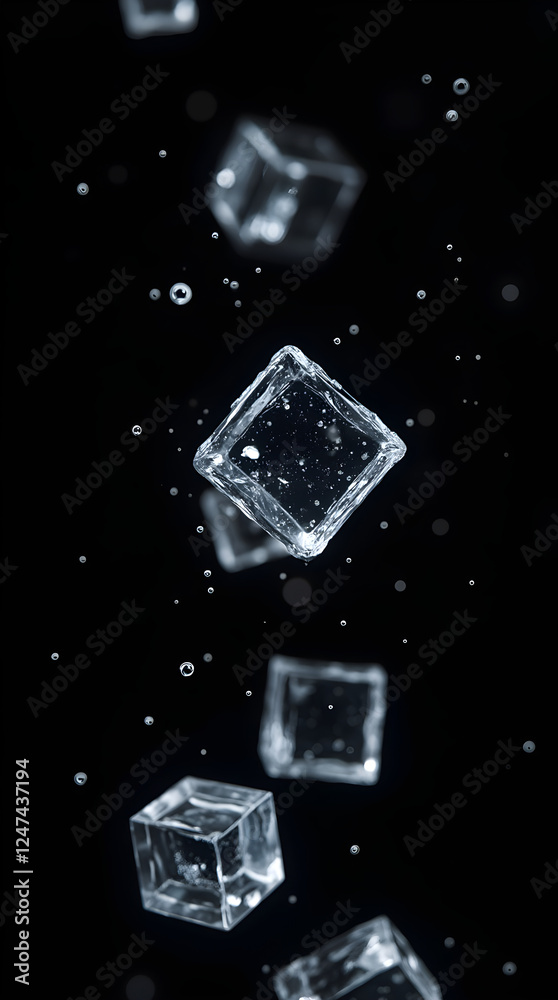 Falling Ice Cubes: Frozen Water Droplets in Motion - Abstract Still Life Photography on Black Background - Refreshing & Cool Visual Falling Ice Cubes: Frozen Water Droplets in Motion - Abstract Still Life Photography on Black Background - Refreshing & Cool Visual