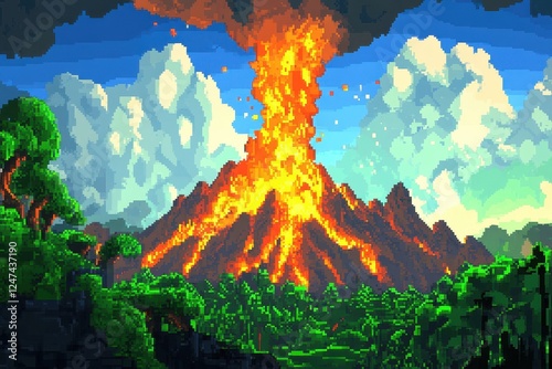 Pixel art depicts a volcanic eruption in a lush landscape photo