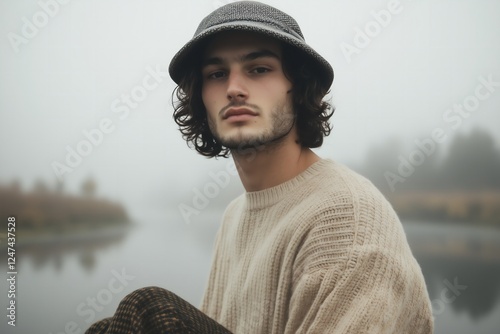 handsome man wearing a bucket hat, chunky cable knit sweater and tweed pants, rainy foggy pond in the background photo