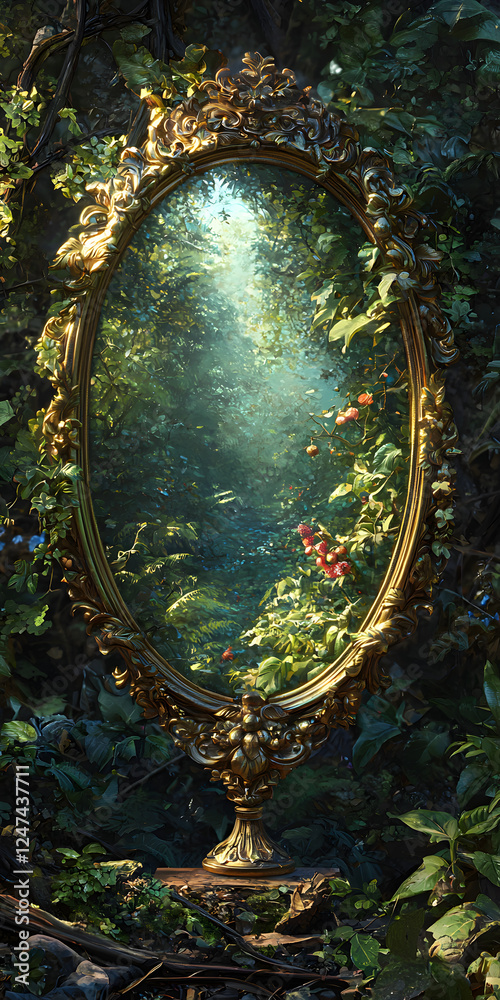 Fototapeta premium Enchanted Forest Reflection: A Magical Scene of Tranquility and Beauty with Vibrant Greenery, Sunlight and Ornate Elements in a Dreamlike Landscape of Serenity and Harmony