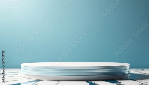 Grey marble 3d round podium on blue background. 
