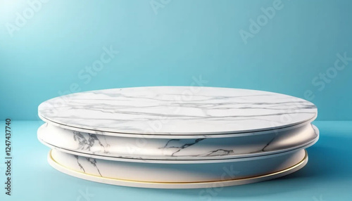 Grey marble 3d round podium on blue background. 