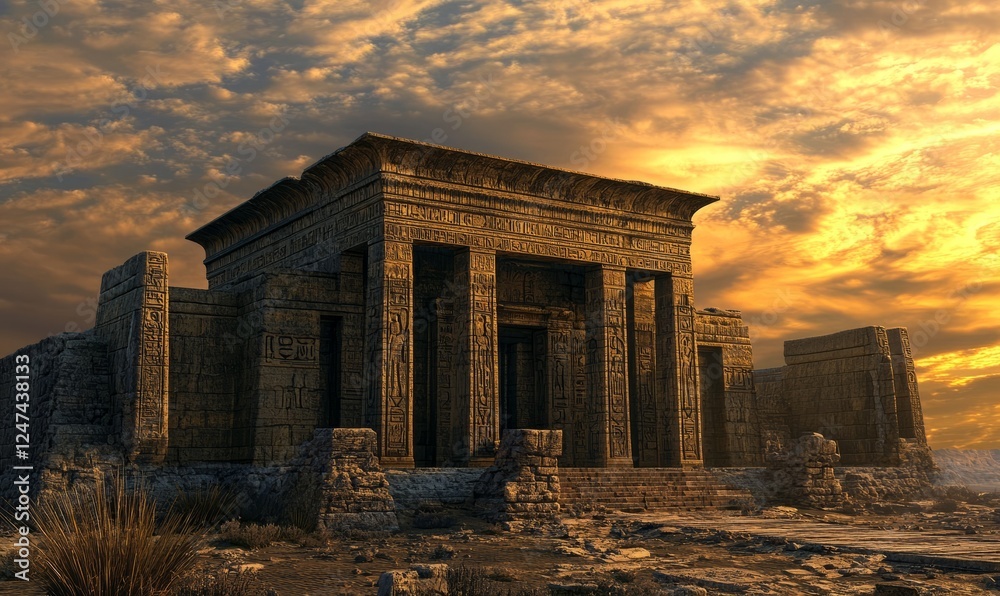 Obraz premium Ancient stone temple under dramatic sunset sky, historical architecture.