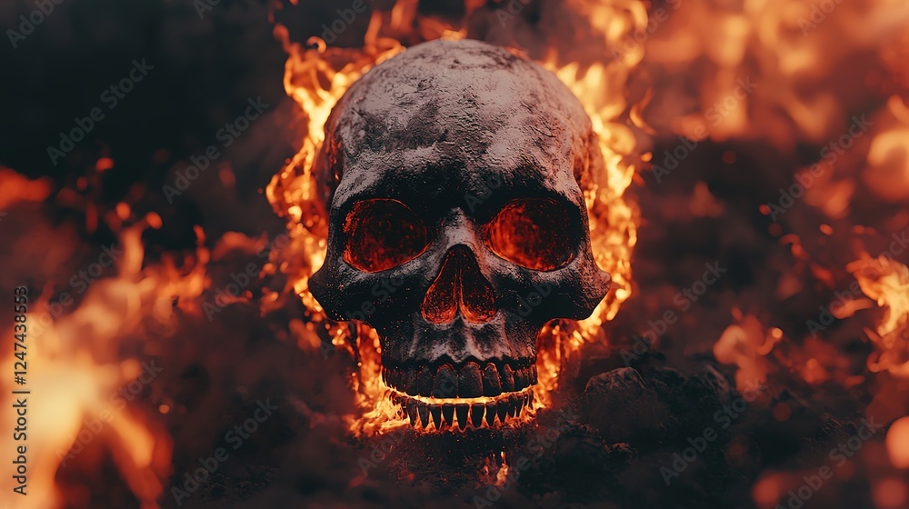 Skull engulfed in flames, detailed cracks and textures on the bone, intense fire swirling around the skull, creating a dramatic contrast between the heat and the cool, dark background