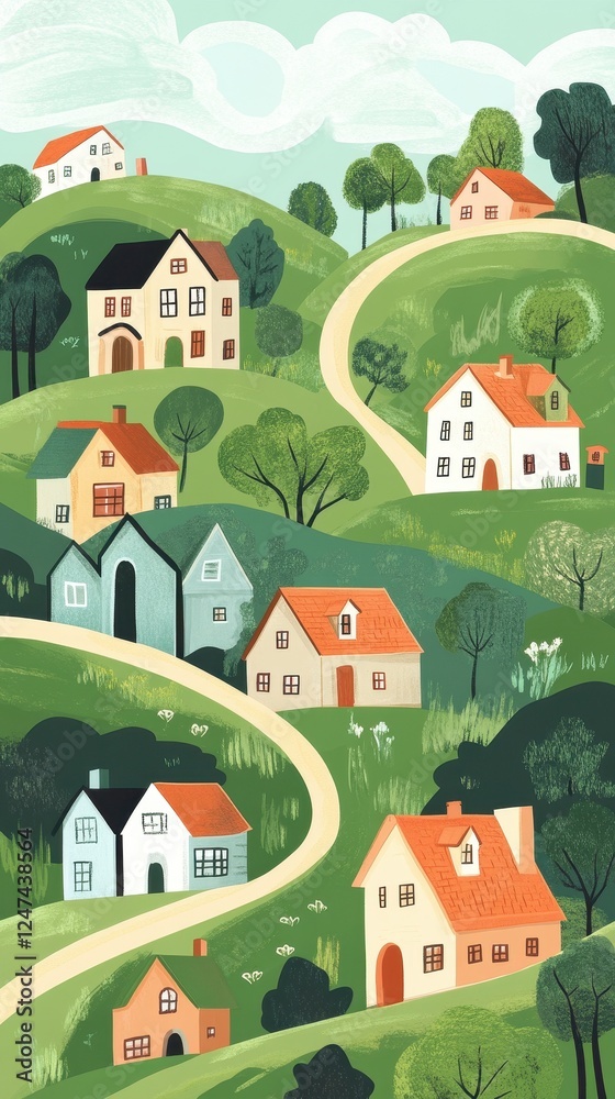 Naklejka premium Rolling hills are adorned with charming houses and winding paths