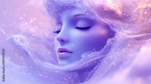 Ethereal Portrait of a Serene Female Face Surrounded by Glittering Cosmic Clouds