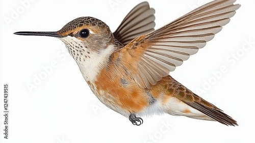 Hummingbird in Flight with Delicate Feathers Displaying Vivid Colors Against a White Background photo