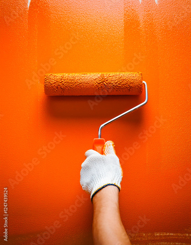 paint roller on orange wall
