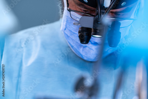 Surgeons wear magnifying glasses in the operating room. Intraoperative magnification using surgical magnifying loupes in the areas of microsurgery, plastic, cardiac neurosurgery, organ transplant