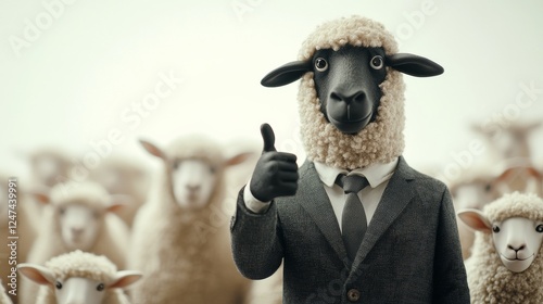 Black sheep wearing a suit, standing tall with a thumbs-up, amidst a group of white sheep