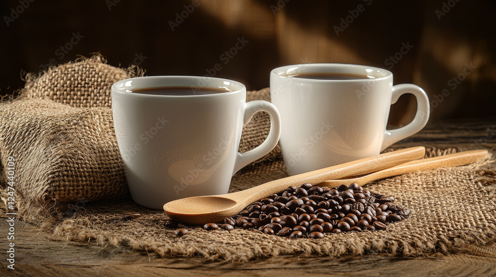 Two cups of coffee, wooden spoons, and coffee beans arranged on a burlap sack. Two cups of coffee, wooden spoons, and coffee beans arranged on a burlap sack.