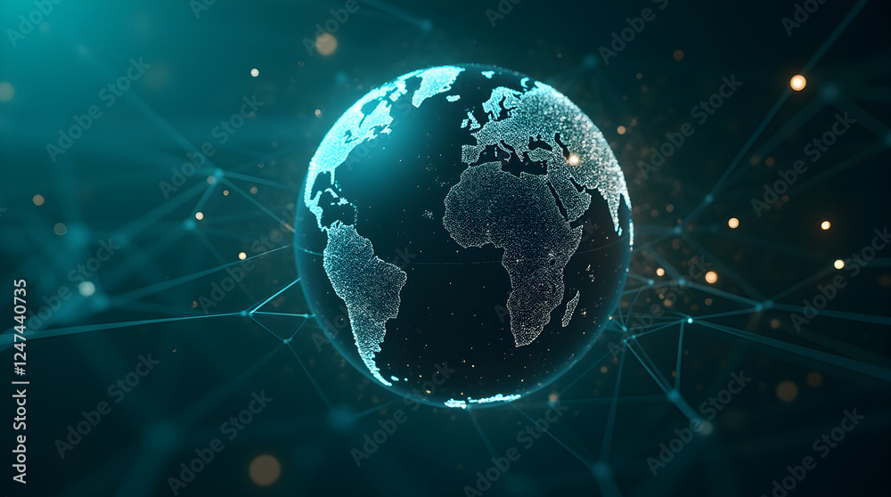 Global Network Connection: Digital Earth Globe with Connected Dots & Lines - Tech, Data, Communication, Futuristic World Concept Global Network Connection: Digital Earth Globe with Connected Dots & Lines - Tech, Data, Communication, Futuristic World Concept