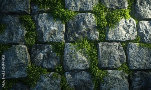 Abstract texture of vibrant green moss covering an aged stone wall, its intricate details brought to life with subtle lighting for an earthy feel photo