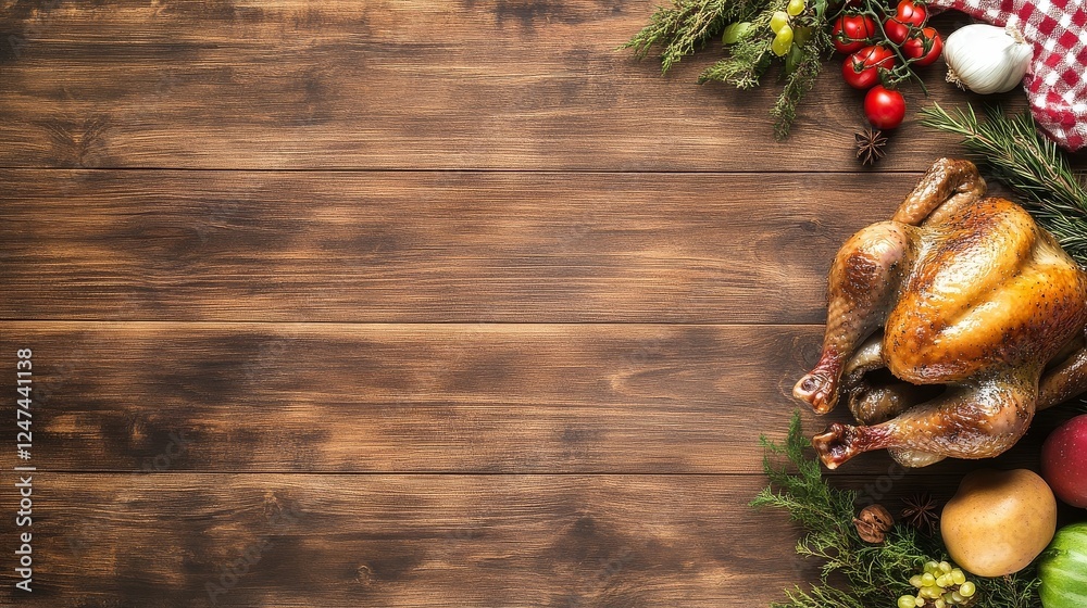 Fresh chicken with glossy skin, placed on a rustic wooden table, surrounded by fresh vegetables Fresh chicken with glossy skin, placed on a rustic wooden table, surrounded by fresh vegetables