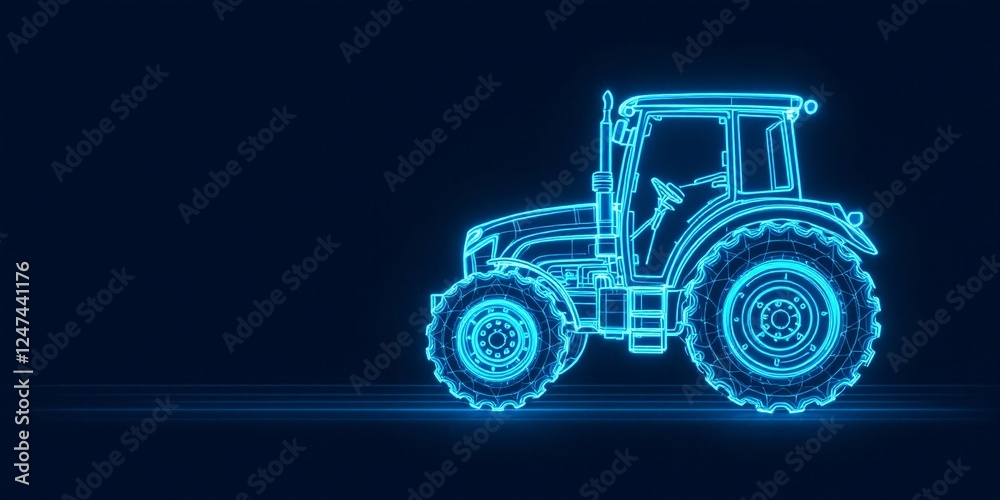 Blue neon tractor silhouette on dark background. Digital wireframe agricultural vehicle with glowing lines. Modern farm equipment. Tech concept for farming industry design Blue neon tractor silhouette on dark background. Digital wireframe agricultural vehicle with glowing lines. Modern farm equipment. Tech concept for farming industry design
