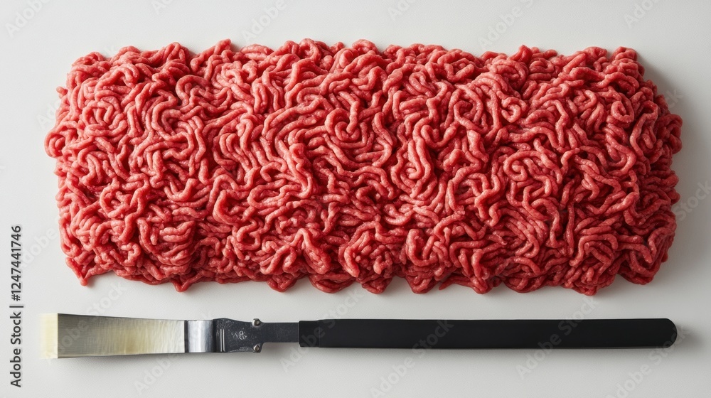 Textured Raw Beef Mince with Butcher Knife on a Gray Surface in a Kitchen Environment Textured Raw Beef Mince with Butcher Knife on a Gray Surface in a Kitchen Environment