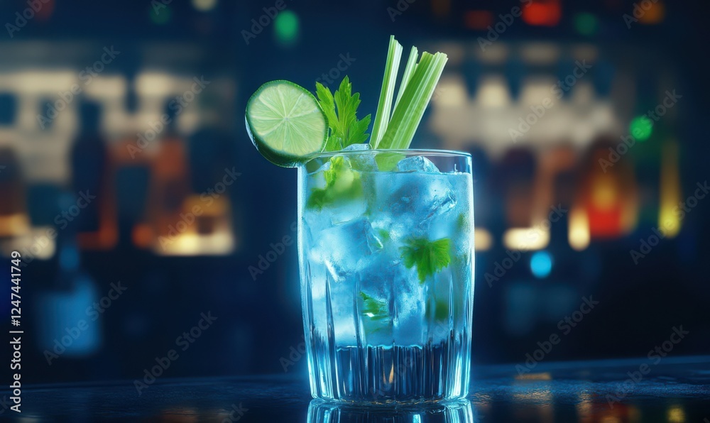 Artisan cocktail with fresh lime and celery garnish, served in a frosted glass with dramatic lighting against a dark bar setting, evoking sophistication and indulgence Artisan cocktail with fresh lime and celery garnish, served in a frosted glass with dramatic lighting against a dark bar setting, evoking sophistication and indulgence