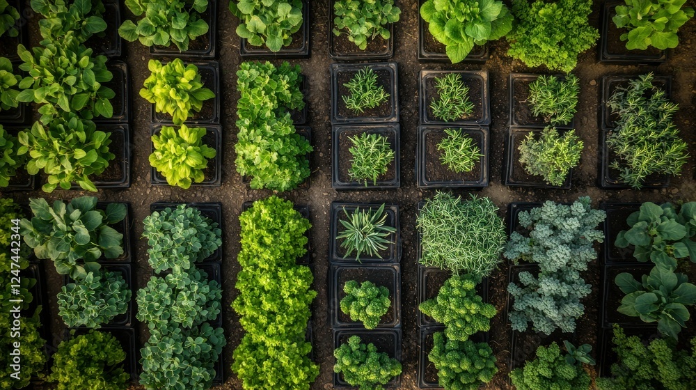 Aerial view of diverse seedlings in trays Aerial view of diverse seedlings in trays