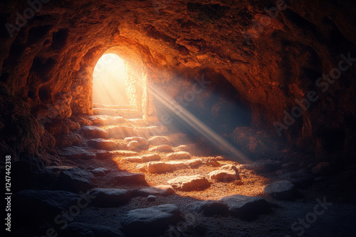 Christianity, religion, faith, religious, Faithfulness of God, Jesus birth, Easter resurrection of Jesus Christ concept. Empty tomb with stone rocky cave and light rays bursting from outside