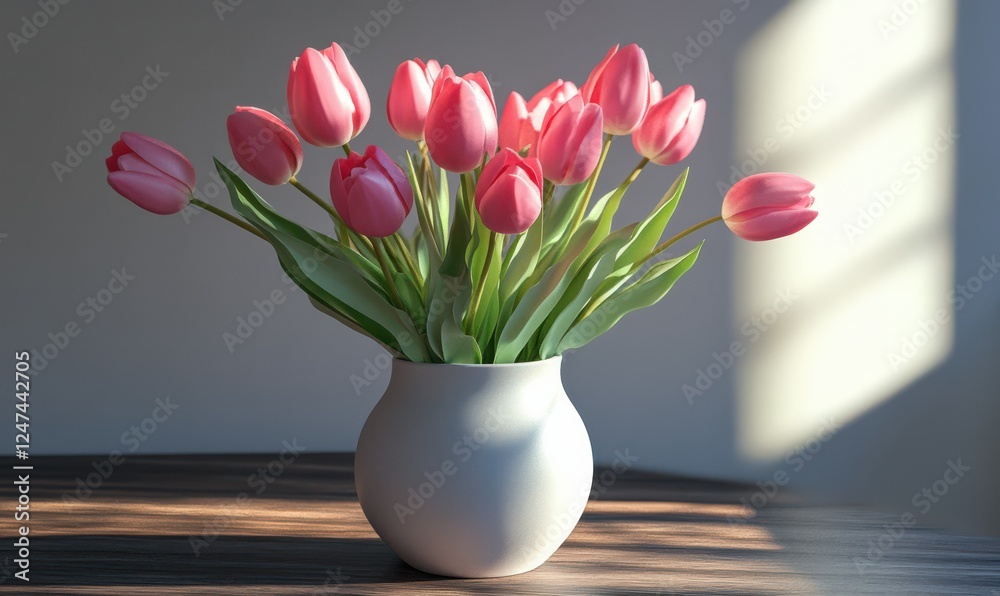 Fototapeta premium Elegant bouquet of pink tulips in a matte white vase, arranged on a minimalist wooden table under soft natural light