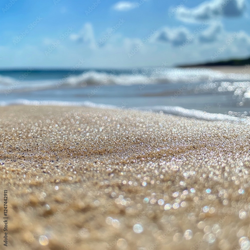 Close-up of sparkling sand on sunny beach with gentle waves and blue sky Close-up of sparkling sand on sunny beach with gentle waves and blue sky