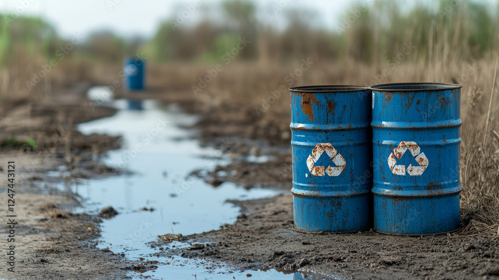 Rusted blue barrels with hazard symbols near polluted water stream highlight industrial waste dangers in a desolate, minimalist landscape Rusted blue barrels with hazard symbols near polluted water stream highlight industrial waste dangers in a desolate, minimalist landscape