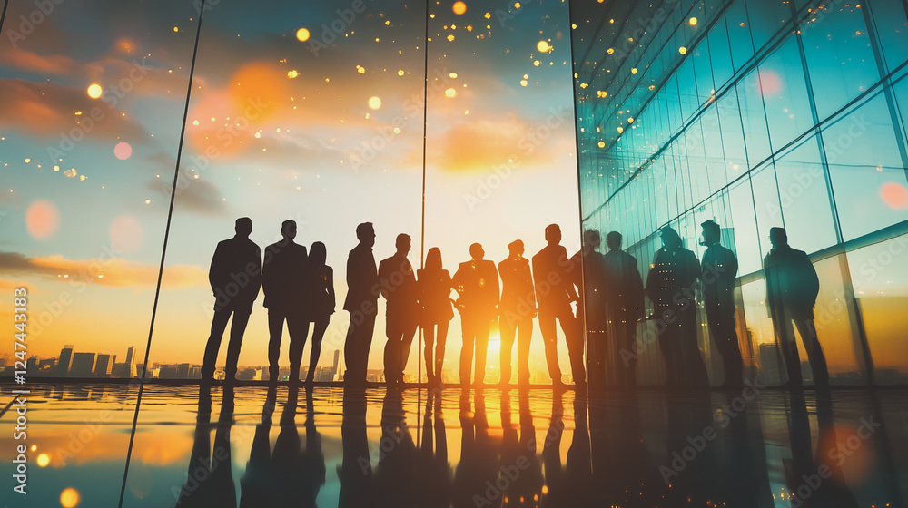 Fototapeta premium Group of business people silhouettes in modern office building and business network concept. Human resources with pastel innovation charts and graphs with statistics to analyze business 