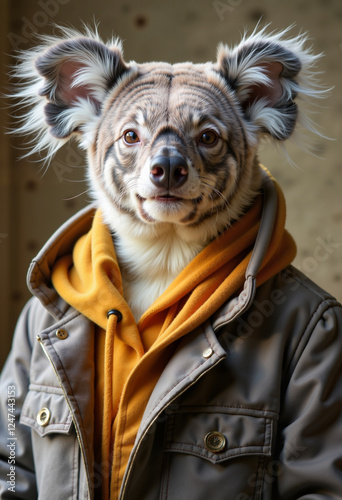 Stylish koala showcasing modern fashion, elegant urban portrait