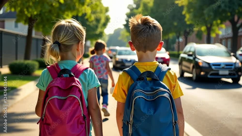 Two children with backpacks are walking down the street. School age. Sunny day. Two children with backpacks are walking down the street. School age. Sunny day.